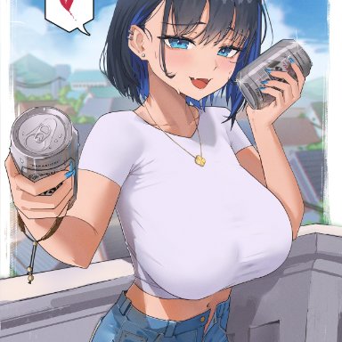 hololive, hololive english, hololive english -council-, ouro kronii, archinoer, 1girls, blue eyes, blue hair, booty shorts, breasts, crop top, female, huge breasts, jean shorts, light skin