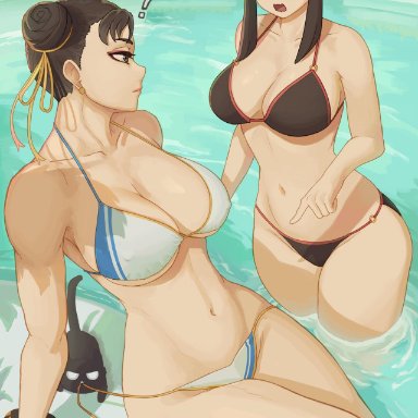 capcom, spy x family, street fighter, street fighter 6, chun-li, yor briar, yor forger, niksoncrazy, 2girls, big breasts, bikini, bikini bottom untied, black bikini, black hair, curvy figure