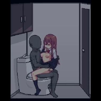 bathroom, bathroom sex, brown hair, cum, cum inside, exposed breasts, faceless character, faceless male, finger in mouth, kneehighs, long hair, medium breasts, moaning, moaning in pleasure, shirt lift