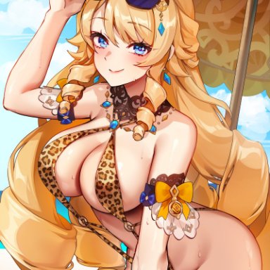 genshin impact, navia (genshin impact), foxyrain (foxyreine), foxyreine, 1girls, blonde hair, blue eyes, breasts, female, hips, huge breasts, long hair, naughty face, swimsuit, thick thighs