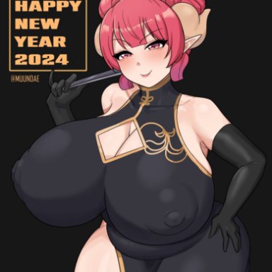 happy new year, miss kobayashi's dragon maid, ilulu (dragon maid), muundae, 1girls, armwear, big breasts, black dress, black gloves, breast focus, breasts, cleavage, clothing, dress, elbow gloves