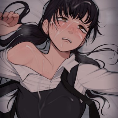 chainsaw man, mitaka asa, afrobull, 1girls, black hair, cum, cum on face, facial, female, human, long hair, solo, solo female