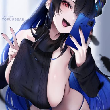 hololive, hololive english, hololive english -advent-, nerissa ravencroft, tofuubear, 1girls, bare shoulders, black hair, black panties, black sweater, blue hair, breasts, colored inner hair, garter straps, holding