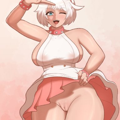 arc system works, guilty gear, guilty gear strive, elphelt valentine, roverpng, 1girls, aqua eyes, collar, dress, dress lift, female, female only, hairband, huge thighs, legband