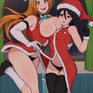 bleach, christmas, inoue orihime, kuchiki rukia, afrobull, 2girls, black hair, breast size difference, breasts, female, huge breasts, light skin, light-skinned female, long hair, medium breasts