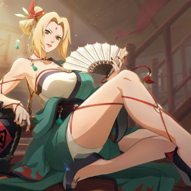 naruto, naruto mobile, naruto shippuden, tsunade, blonde female, blonde hair, high heels, japanese clothes, japanese clothing, kimono, painted nails, paper fan, ribbon bondage, ribbons, seductive