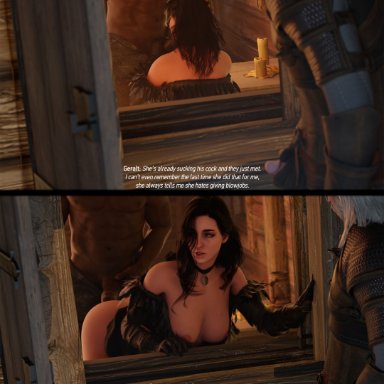 cd projekt red, the witcher (series), the witcher 3: wild hunt, geralt of rivia, yennefer, missed call, 1girls, 2boys, ambiguous penetration, areolae, big penis, blowjob, breasts, cheating, cuckold