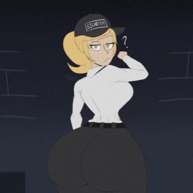 five nights at freddy's, vanessa (fnaf), ls, 1girls, ass, big ass, blonde hair, clothed, clothed female, female, female only, hat, looking at viewer, looking back, ponytail