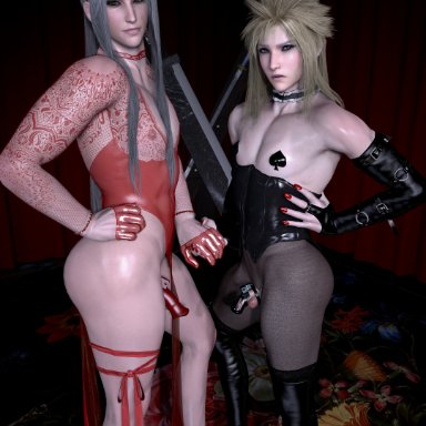 final fantasy, final fantasy vii, final fantasy vii remake, cloud strife, sephiroth, immoralless, chastity cage, choker, crossdressing, dress, femboy, gay, high heels, holding hands, latex