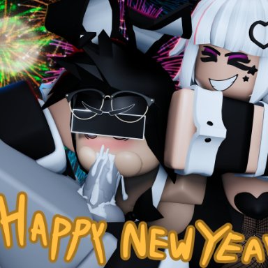 new year, roblox, iris (rusmynth), robloxian, sylvia (rusmynth), rusmynth, 1boy, 2girls, black hair, bunny ears, bunny girl, bunnysuit, cum in mouth, cum inside, eyeshadow