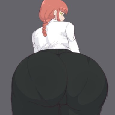 chainsaw man, makima (chainsaw man), crossnsfw, 1girls, big ass, big butt, fat ass, female, female only, large ass, looking at viewer, looking back, ponytail, red hair, simple background