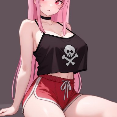 hololive, hololive english, hololive myth, mori calliope, bluefield, 1girl, 1girls, black topwear, blush, blushing, booty shorts, breasts, dolphin shorts, drawstring, drawstring bottomwear