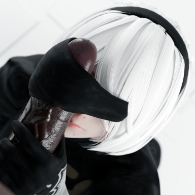 nier, nier: automata, yorha 2b, steps3d, 1boy, 1girls, android, bbc, big penis, blindfold, cfnm, clothed female nude male, dark skin, dark-skinned male, female