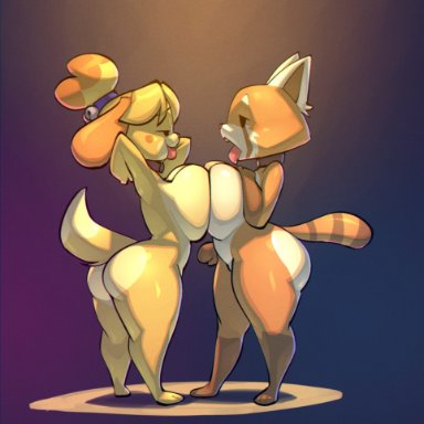 aggressive retsuko, animal crossing, sanrio, isabelle (animal crossing), retsuko, bigdad, 2girls, arms behind back, arms up, ass, big ass, big breasts, blonde hair, breast press, breasts