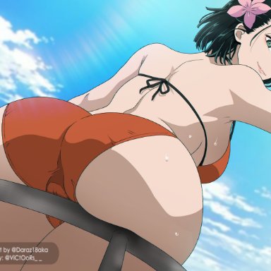 one-punch man, fubuki (one-punch man), daraz18aka, victoors, 1girls, ass, ass focus, back, back muscles, back view, beach, big ass, big breasts, big butt, bikini