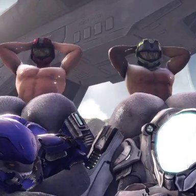 halo (series), sangheili, rayhuma, 4boys, alien, anal sex, arms behind head, ass, big ass, big butt, face down ass up, from behind, gay, helmet, human