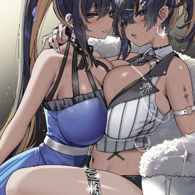 goddess of victory: nikke, noise (nikke), sky (freedom), :d, 2girls, arm strap, bare shoulders, black hair, black necktie, blue dress, blue eyes, blush, breasts, brown hair, dark skin