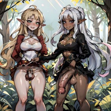 ai coomer, 2futas, assisted exposure, balls, big penis, blonde hair, blush, caged cock, chastity, chastity cage, chastity device, dark elf, dark-skinned futanari, elf, elf ears