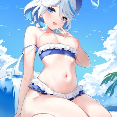 genshin impact, furina (genshin impact), hiaoba, 1girls, ahoge, barefoot, beach, blue eyes, blue hair, blush, breasts, hair between eyes, heterochromia, light blue hair, long hair