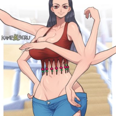 one piece, patreon, nico robin, kameseru, 1girls, big breasts, black hair, clothed, clothing, female, female focus, female only, glasses, jeans, large breasts