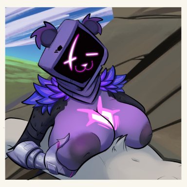 epic games, fortnite, raven team leader, bunchabits, anthro, armor, bear, big breasts, breast play, breasts, cat smile, closed eyes, clothed, clothing, crotch tuft