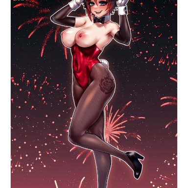 happy new year, new year, rooster teeth, rwby, ruby rose, grapesliime, phloxberry, 1girls, areolae, bare shoulders, big breasts, black and red hair, bowtie, breasts, bunny ears