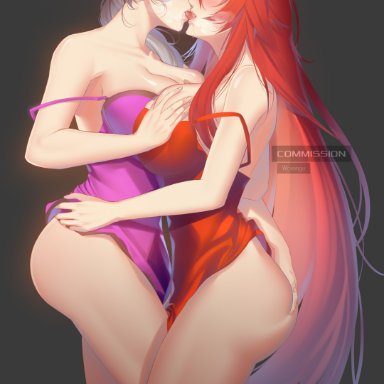 high school dxd, rwby, rias gremory, willow schnee, wotengu, 2girls, age difference, big breasts, breasts, female, female only, huge breasts, kissing, large breasts, milf