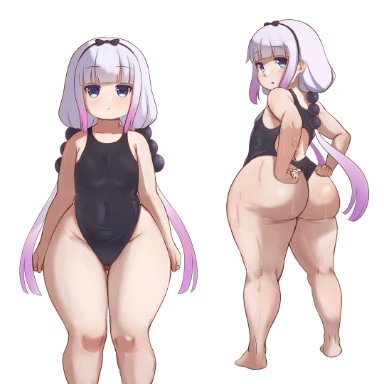 miss kobayashi's dragon maid, kanna kamui, triagorodri (artist), ass, big ass, blue eyes, breasts, clothed, clothed female, clothing, collarbone, female, female only, lavender hair, looking back