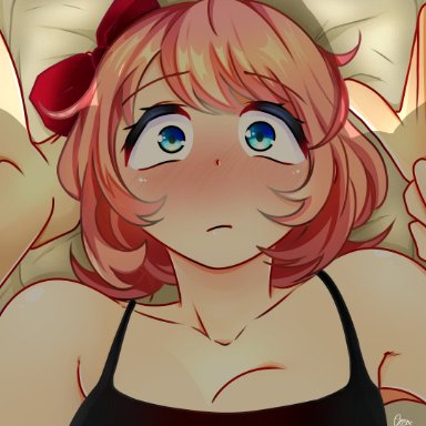 doki doki literature club, onyxvoyd, blue eyes, blush, blush lines, bow, close up, close-up, closeup, hair bow, hairbow, red bow, red hair bow, red hairbow, strawberry blonde hair