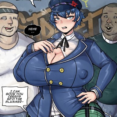 persona, shirogane naoto, tapeworm (artist), big breasts, blue eyes, blue hair, blue necktie, blue shirt, blue skirt, breasts, bulge, clothed, clothing, dark-skinned male, fat man