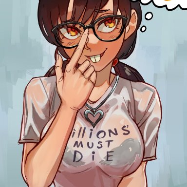 chainsaw man, mitaka asa, nerd emoji, ribosoma 42, 1girls, big breasts, black hair, bra, buckteeth, cleavage, female, female only, glasses, looking at viewer, navel