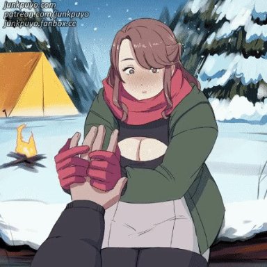 junkpuyo, bouncing breasts, bra, camping tent, cleavage, cold, cowgirl position, large breasts, lifting shirt, pov, riding penis, sex, snow, straddling, undressing