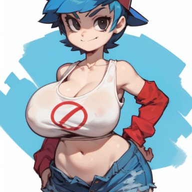 friday night funkin, boyfriend (friday night funkin), creamballz, 1girls, arm warmers, backwards baseball cap, big breasts, black eyes, blue hair, breasts, cleavage, collarbone, denim shorts, female, hand in pocket