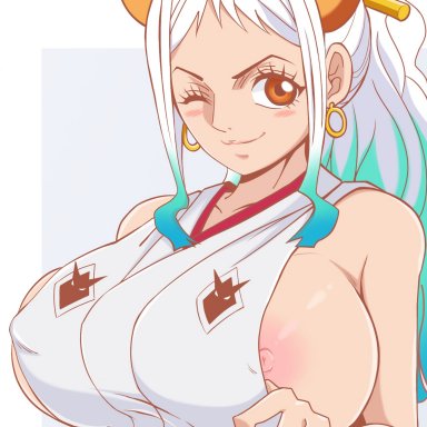 one piece, yamato (one piece), xeno doujin, 1female, 1girls, big breasts, blue hair, blush, breast focus, breasts, breasts focus, breasts out, brown eyes, dress, earrings