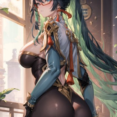 genshin impact, cloud retainer (genshin impact), xianyun, ass, ass focus, big ass, big butt, blush, bodysuit, breasts, bubble butt, female, glasses, gloves, green eyes