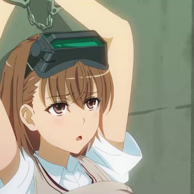 to aru kagaku no railgun, misaka imouto, akinoya, 1boy, against wall, arms up, bondage, bound, breasts, brown eyes, brown hair, clothed sex, clothes lift, cuffs, cum