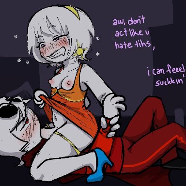 homestuck, ms paint adventures, dave strider, rose lalonde, strilalonder, 1boy, 1futa, areolae, blowjob, bottomless, breasts, brother and sister, clenched teeth, clothed, clothing