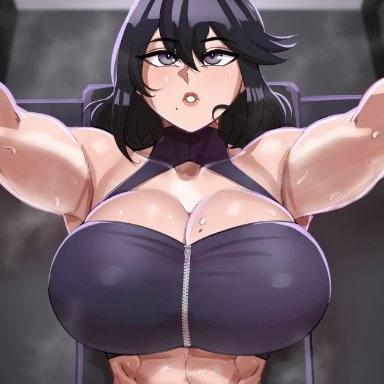 my hero academia, nana shimura, aestheticc-meme, 1girls, abs, big breasts, black hair, blush, cleavage, clothed, clothing, exercise, female, female focus, female only