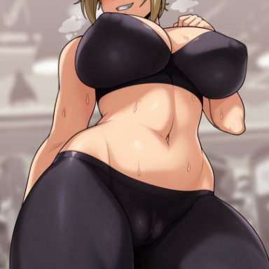 my hero academia, himiko toga, jmg, blonde hair, breasts, cameltoe, cleavage, female, female focus, female only, from below, gym clothes, pussy, smile, sweat
