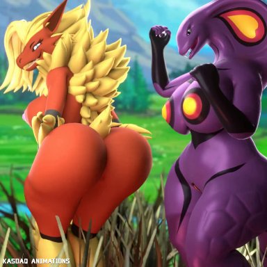 pokemon, arbok, blaziken, pok&#233;mon (species), kasdaq, 2girls, anthro, ass, ass slap, big ass, big breasts, bouncing ass, breasts, busty, dancing