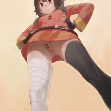 megumin, toxic (toxicv), :&lt;, bandaged leg, bandages, belt, belt buckle, black thighhighs, buckle, cowboy shot, dress, female, fingerless gloves, from below, gloves