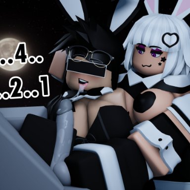 new year, roblox, anon, iris (rusmynth), robloxian, sylvia (rusmynth), rusmynth, 1boy, 2girls, bunny ears, bunny girl, bunnysuit, cum, cum in mouth, censored eyes