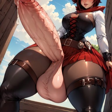 rwby, ruby rose, stable diffusion, thicknesslord, 1futa, balls, big breasts, black hair, boots, breasts, corset, curvaceous, curves, curvy, curvy body