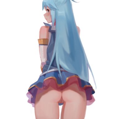 aqua (konosuba), toxic (toxicv), ass, blue eyes, blue footwear, blue hair, blue skirt, boots, bottomless, cowboy shot, detached sleeves, from behind, hair rings, long hair, looking at viewer