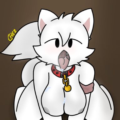 roblox, roblox avatar, chez-arts, big breasts, collar, collar bell, frog squat, furry, furry tail, horny female, nude, open mouth, saliva, tongue out, white body