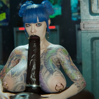 cyberpunk 2077, cheri nowlin, stickybuns, 1boy, 1girls, breasts, dark-skinned male, female, hoop earrings, huge cock, interracial, large breasts, male, male/female, oral