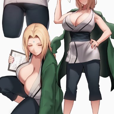 naruto, naruto shippuden, tsunade, lun7732, 1girls, armpits, arms behind head, arms up, bangs, bare shoulders, big breasts, blonde hair, blush, breasts, brown eyes