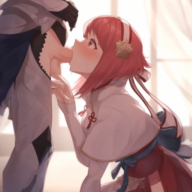 fire emblem, fire emblem fates, nintendo, corrin (fire emblem), corrin (fire emblem) (male), sakura (fire emblem), stable diffusion, stradiviolet, 1boy, 1girls, blowjob, blush, clothed, eyelashes, fellatio