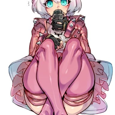 guilty gear, guilty gear strive, elphelt valentine, doppel, blue eyes, blush, bracelet, clothed, collar, hairband, hairbow, light skin, light-skinned male, microphone, mostly clothed