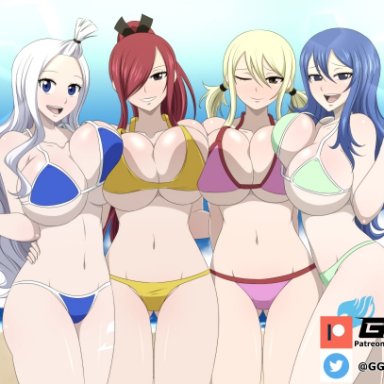 fairy tail, erza scarlet, juvia lockser, lucy heartfilia, mirajane strauss, ggc, 4girls, arm around waist, ass visible through thighs, background, bangs, bangs over one eye, beach, big breasts, blonde hair